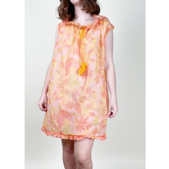 Vintage Mod Handmade Slip Mini Shift Dress Sheer Mesh Floral Ruffle 60's 70's - Picture 6 of 6